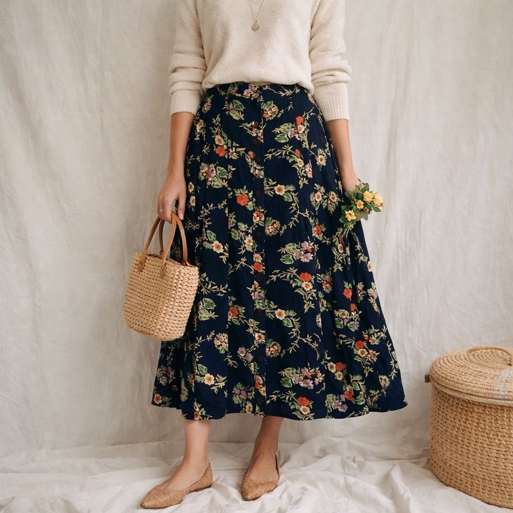 Vintage More Boom Floral Midi Skirt Button Front Cottagecore Boho Dark A-Line